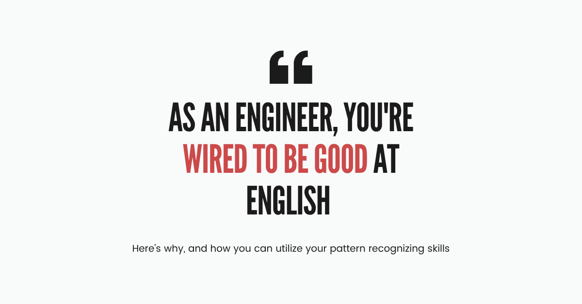 Quote graphic with the text: As an engineer, you're wired to be good at English — Marcode Technical English for Engineers