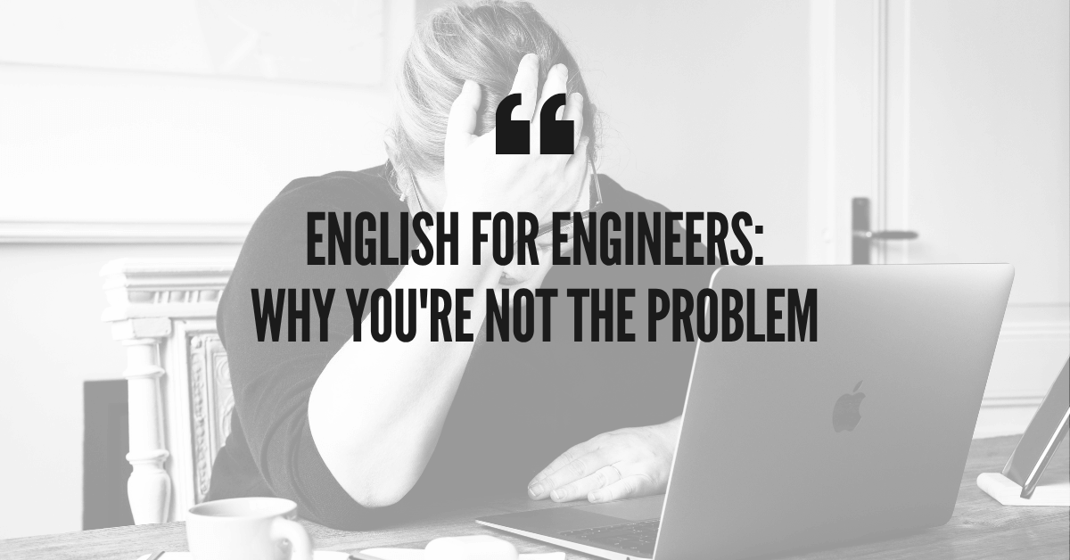 engineer frustrated at laptop struggling with English communication at work