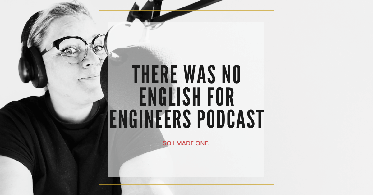 Olivia, founder of Marcode, wearing headphones in front of a podcast microphone. Text reads: There was no English for Engineers podcast. So I made one