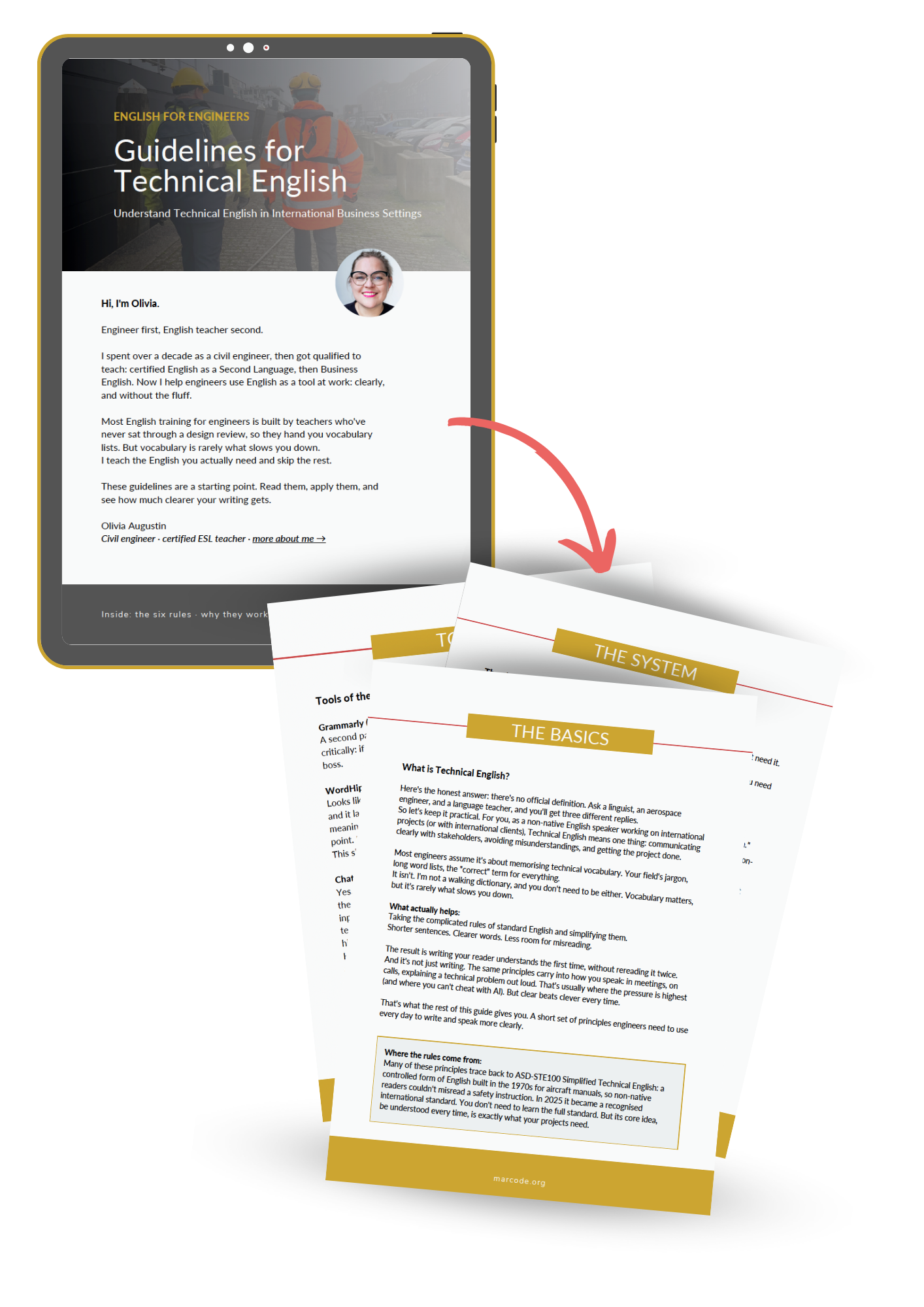 mockup-portrait-freebie-guidelinestechnicalenglish2026 cover of a free resource Guidelines for Technical English. Marcode - English for Engineers