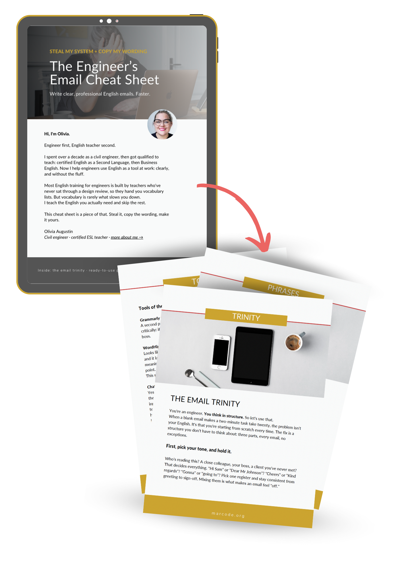 cover of a free resource The Engineer's Email Cheat Sheet. Marcode - English for Engineers
